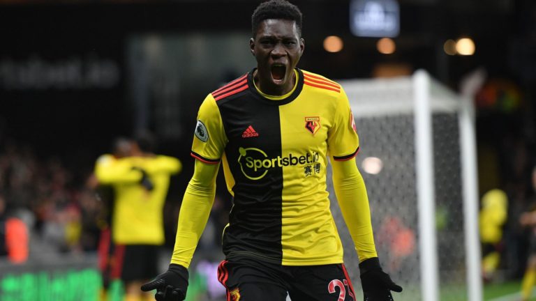 WATFORD, ENGLAND - DECEMBER 28: Ismaila Sarr of Watford celebrates after scoring his sides third goal during the Premier League match between Watford FC and Aston Villa at Vicarage Road on December 28, 2019 in Watford, United Kingdom.