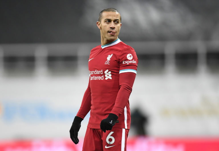 Thiago Alcantara of Liverpool reacts during the Premier League match between Newcastle United and Liverpool at St. James' Park on December 30