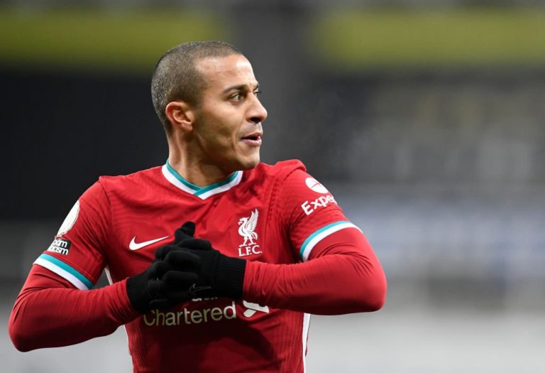 Thiago Alcantara of Liverpool reacts during the Premier League match between Newcastle United and Liverpool at St. James' Park on December 30