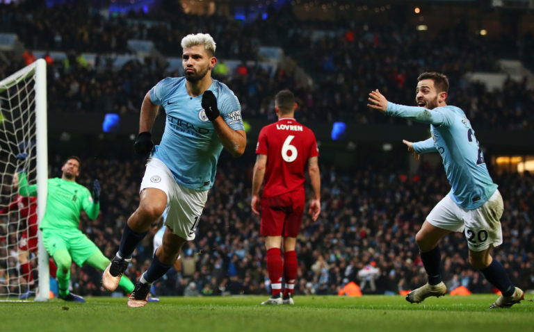 MANCHESTER, ENGLAND - JANUARY 03: Sergio Aguero of Manchester City celebrates after scoring his team's first goal during the Premier League match between Manchester City and Liverpool FC at the Etihad Stadium on January 3, 2019 in Manchester, United Kingdom. (Photo by Clive Brunskill/Getty Images)