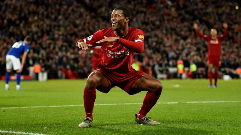 LIVERPOOL, ENGLAND - DECEMBER 04: (THE SUN OUT, THE SUN ON SUNDAY OUT) Georginio Wijnaldum of Liverpool celebrating after scoring a goal during the Premier League match between Liverpool FC and Everton FC at Anfield on December 04, 2019 in Liverpool, United Kingdom.