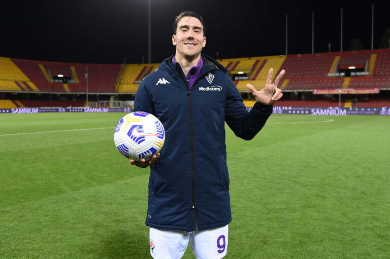 BENEVENTO, ITALY - MARCH 13: Dusan Vlahovic of AFC Fiorentina poses with the match ball after scoring a hat-trick during the Serie A match between Benevento Calcio and ACF Fiorentina at Stadio Ciro Vigorito on March 13, 2021 in Benevento, Italy.
