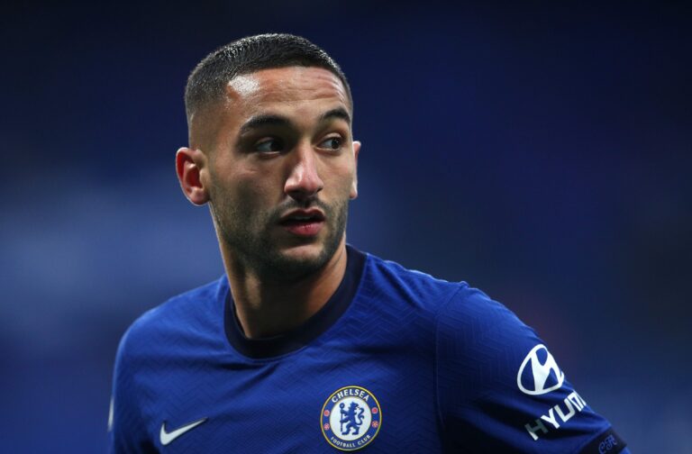 LONDON, ENGLAND - OCTOBER 17: Hakim Ziyech of Chelsea looks on during the Premier League match between Chelsea and Southampton at Stamford Bridge on October 17, 2020 in London, England.
