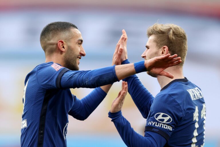 LONDON, ENGLAND - APRIL 17: Hakim Ziyech of Chelsea celebrates with teammate Timo Werner of Chelsea after scoring their 1st goal during the Semi Final of the Emirates FA Cup match between Manchester City and Chelsea FC at Wembley Stadium on April 17, 2021 in London, England.
