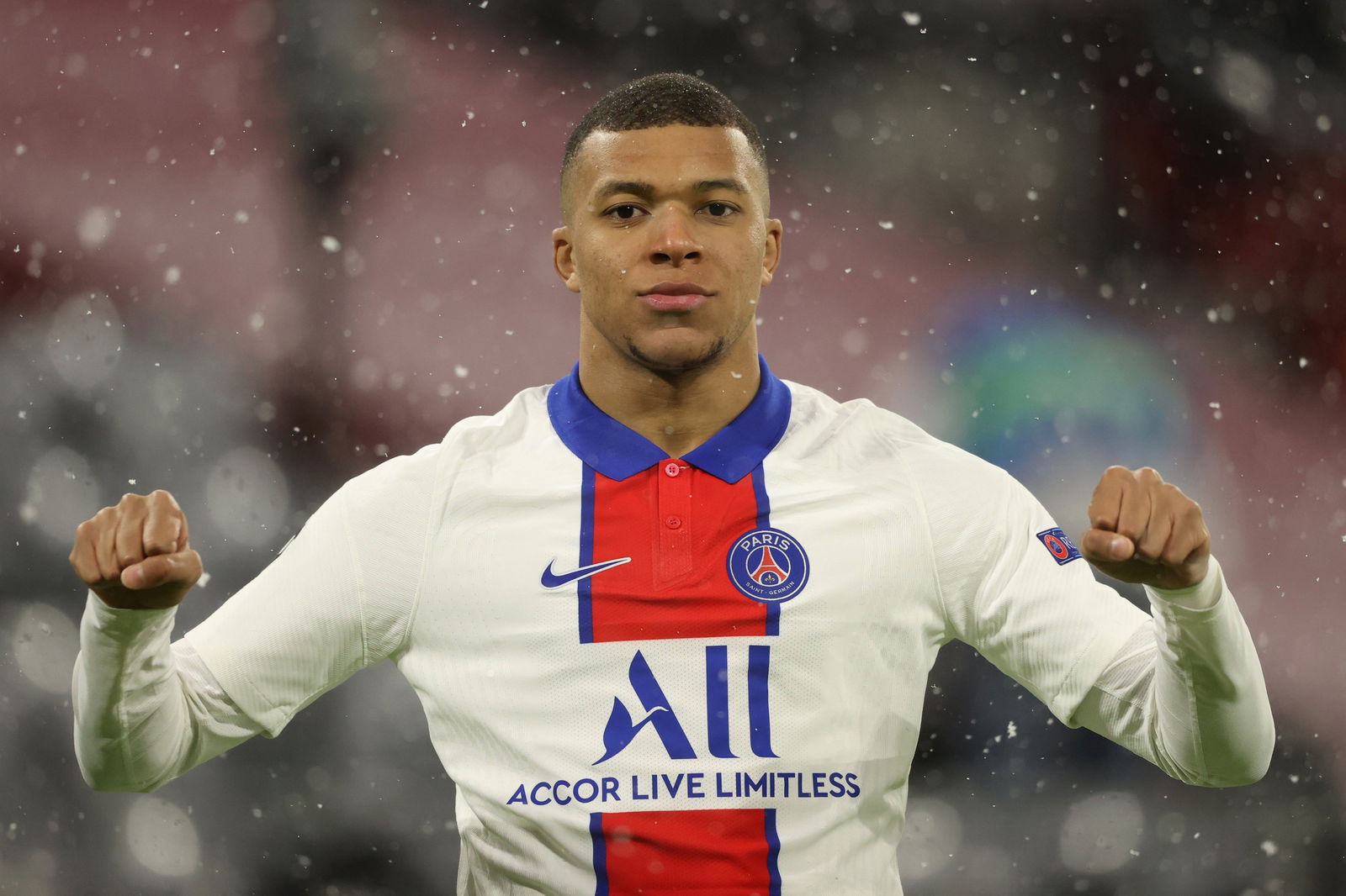 MUNICH, GERMANY - APRIL 07: Kylian Mbappe of Paris Saint-Germain celebrates after scoring their side's first goal during the UEFA Champions League Quarter Final match between FC Bayern Munich and Paris Saint-Germain at Allianz Arena on April 07, 2021 in Munich, Germany.