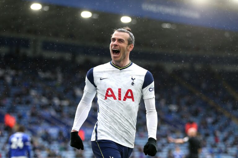LEICESTER, ENGLAND - MAY 23: Gareth Bale of Tottenham Hotspur celebrates after scoring his team's third goal during the Premier League match between Leicester City and Tottenham Hotspur at The King Power Stadium on May 23, 2021 in Leicester, England.