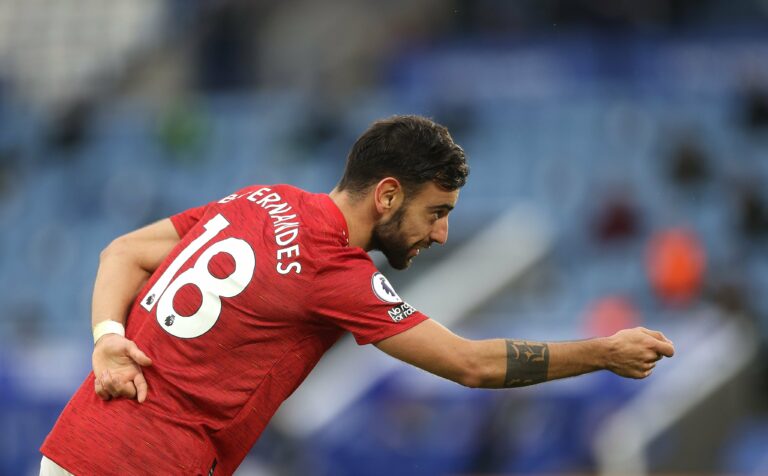 LEICESTER, ENGLAND - DECEMBER 26: Bruno Fernandes of Manchester United celebrates after scoring their sides second goal during the Premier League match between Leicester City and Manchester United at The King Power Stadium on December 26, 2020 in Leicester, England.