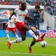 LEIPZIG, GERMANY - MAY 11: Ibrahima Konate of RB Leipzig and Robert Lewandowski of FC Bayern Muenchen battle for the ball during the Bundesliga match between RB Leipzig and Bayern Muenchen at Red Bull Arena on May 11, 2019 in Leipzig, Germany.