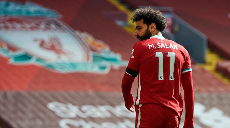 LIVERPOOL, ENGLAND - APRIL 10: (THE SUN OUT, THE SUN ON SUNDAY OUT) Mohamed Salah of Liverpool in action during the Premier League match between Liverpool and Aston Villa at Anfield on April 10, 2021 in Liverpool, United Kingdom.