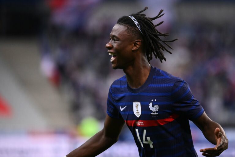 TOPSHOT - France's midfielder Eduardo Camavinga celebrates after scoring a goal during the International friendly football match between France and Ukraine, on October 7, 2020 in Saint-Denis, outside Paris.