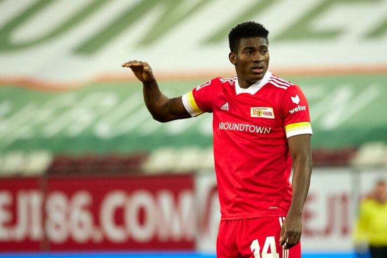 AUGSBURG, GERMANY - JANUARY 23: (BILD ZEITUNG OUT) Taiwo Awoniyi of 1.FC Union Berlin gestures during the Bundesliga match between FC Augsburg and 1. FC Union Berlin at WWK-Arena on January 23, 2021 in Augsburg, Germany.