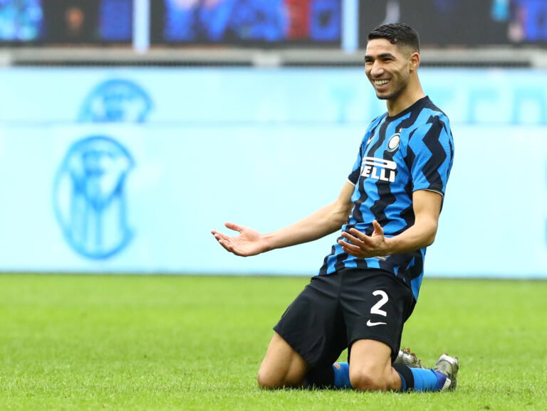 MILAN, ITALY - JANUARY 03: Achraf Hakimi of Inter Milan celebrates after scoring their sides sixth goal during the Serie A match between FC Internazionale and FC Crotone at Stadio Giuseppe Meazza on January 03, 2021 in Milan, Italy.