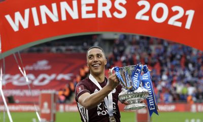 LONDON, ENGLAND - MAY 15: Youri Tielemans of Leicester City celebrates with the Emirates FA Cup trophy following The Emirates FA Cup Final match between Chelsea and Leicester City at Wembley Stadium on May 15, 2021 in London, England.