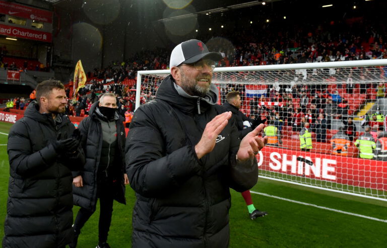 LIVERPOOL, ENGLAND - MAY 23: (THE SUN OUT, THE SUN ON SUNDAY OUT) Jurgen Klopp manager of Liverpool showing his appreciation to the fans at the end of the Premier League match between Liverpool and Crystal Palace at Anfield on May 23, 2021 in Liverpool, England.