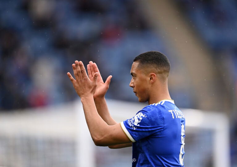 LEICESTER, ENGLAND - MAY 23: Youri Tielemans of Leicester City gestures during the Premier League match between Leicester City and Tottenham Hotspur at The King Power Stadium on May 23, 2021 in Leicester, England. (Photo by Laurence Griffiths/Getty Images)