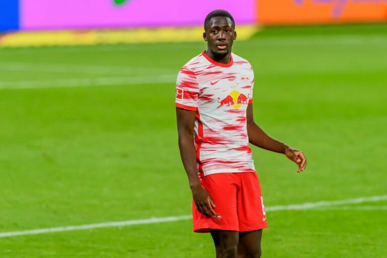 LEIPZIG, GERMANY - MAY 16: (BILD ZEITUNG OUT) Ibrahima Konate of RasenBallsport Leipzig looks on during the Bundesliga match between RB Leipzig and VfL Wolfsburg at Red Bull Arena on May 16, 2021 in Leipzig, Germany.