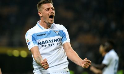 MILAN, ITALY - MARCH 31: Serfgej Milinkovic Savic of SS Lazio celebrates a winner game during the Serie A match between FC Internazionale and SS Lazio at Stadio Giuseppe Meazza on March 31, 2019 in Milan, Italy.