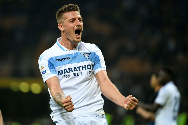 MILAN, ITALY - MARCH 31: Serfgej Milinkovic Savic of SS Lazio celebrates a winner game during the Serie A match between FC Internazionale and SS Lazio at Stadio Giuseppe Meazza on March 31, 2019 in Milan, Italy.