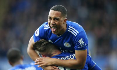 LEICESTER, ENGLAND - APRIL 28: Youri Tielemans of Leicester City celebrates with James Maddison of Leicester City after scoring to make it 1-0 during the Premier League match between Leicester City and Arsenal at The King Power Stadium on April 28, 2019 in Leicester, United Kingdom.