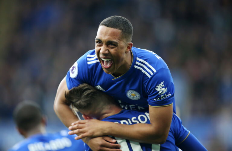 LEICESTER, ENGLAND - APRIL 28: Youri Tielemans of Leicester City celebrates with James Maddison of Leicester City after scoring to make it 1-0 during the Premier League match between Leicester City and Arsenal at The King Power Stadium on April 28, 2019 in Leicester, United Kingdom.
