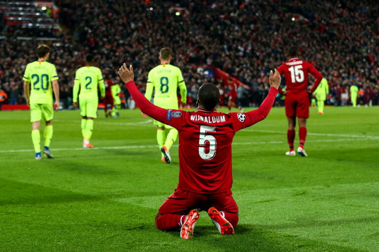 LIVERPOOL, ENGLAND - MAY 07: Georginio Wijnaldum of Liverpool celebrates at full time during the UEFA Champions League Semi Final second leg match between Liverpool and Barcelona at Anfield on May 7, 2019 in Liverpool, England.