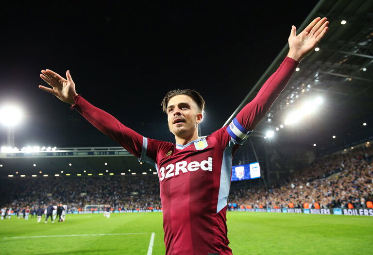 WEST BROMWICH, ENGLAND - MAY 14: Jack Grealish of Aston Villa celebrates victory in the penalty shoot out after the Sky Bet Championship Play-off semi final second leg match between West Bromwich Albion and Aston Villa at The Hawthorns on May 14, 2019 in West Bromwich, England.