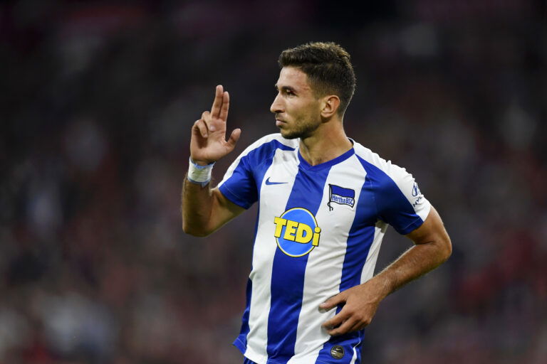 MUNICH, GERMANY - AUGUST 16: Marko Grujic of Hertha BSC celebrates after scoring his team's second goal during the Bundesliga match between FC Bayern Muenchen and Hertha BSC at Allianz Arena on August 16, 2019 in Munich, Germany.