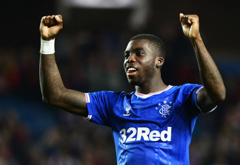 GLASGOW, SCOTLAND - SEPTEMBER 19: Sheyi Ojo of Rangers FC acknowledges the crowd after the UEFA Europa League group G match between Rangers FC and Feyenoord at Ibrox Stadium on September 19, 2019 in Glasgow, United Kingdom.