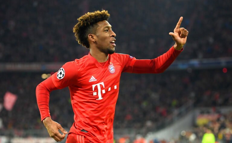 MUNICH, GERMANY - DECEMBER 11: Kingsley Coman of FC Bayern Munich celebrates after scoring his team's first goal during the UEFA Champions League group B match between Bayern Muenchen and Tottenham Hotspur at Allianz Arena on December 11, 2019 in Munich, Germany.