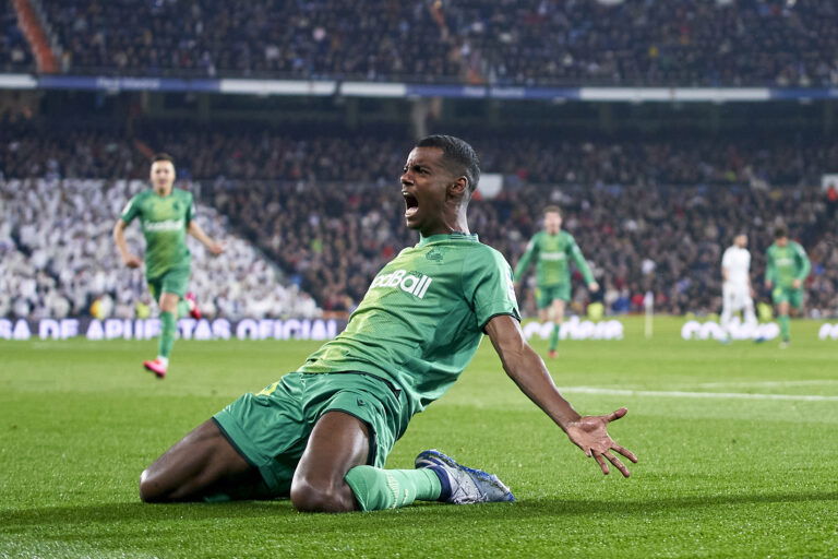 MADRID, SPAIN - FEBRUARY 06: Alexander Isak of Real Sociedad celebrates after scoring his team's second goal during the Copa del Rey Quarter Final match between Real Madrid CF and Real Sociedad at Estadio Santiago Bernabeu on February 06, 2020 in Madrid, Spain.