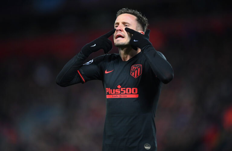 LIVERPOOL, ENGLAND - MARCH 11: Saul Niguez of Atletico Madrid reacts during the UEFA Champions League round of 16 second leg match between Liverpool FC and Atletico Madrid at Anfield on March 11, 2020 in Liverpool, United Kingdom