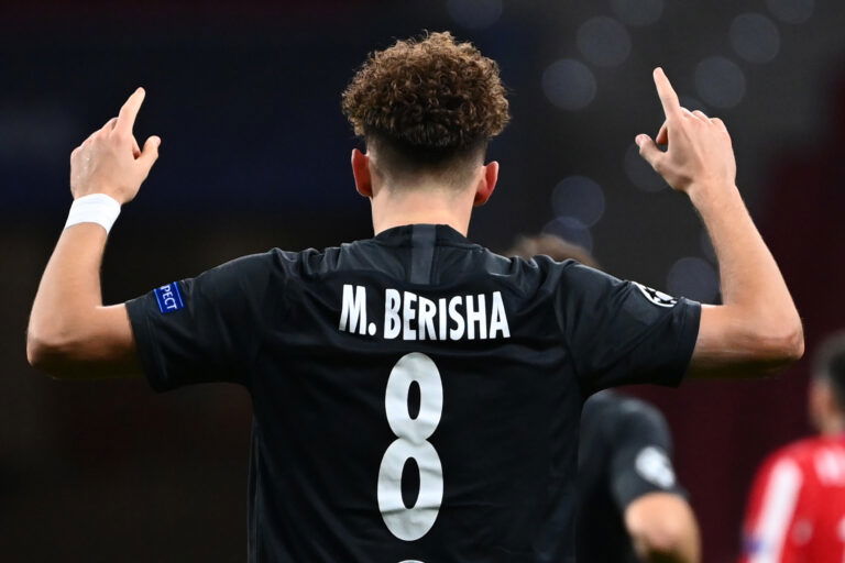 Salzburg's German forward Mergim Berisha celebrates his goal during the UEFA Champions League group A football match between Atletico Madrid and Salzburg, at the Wanda Metropolitano stadium in Madrid on October 27, 2020.