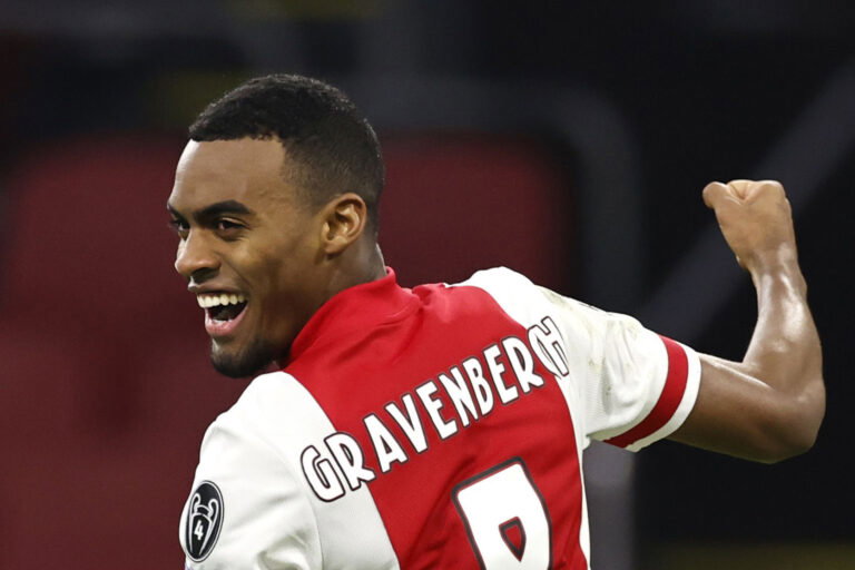 Ajax's Dutch midfielder Ryan Gravenberch celebrates after scoring a goal during the UEFA Champions League Group D football match between Ajax and FC Midtjylland at the Johan Cruijff stadium, in Amsterdam, on November 25, 2020.