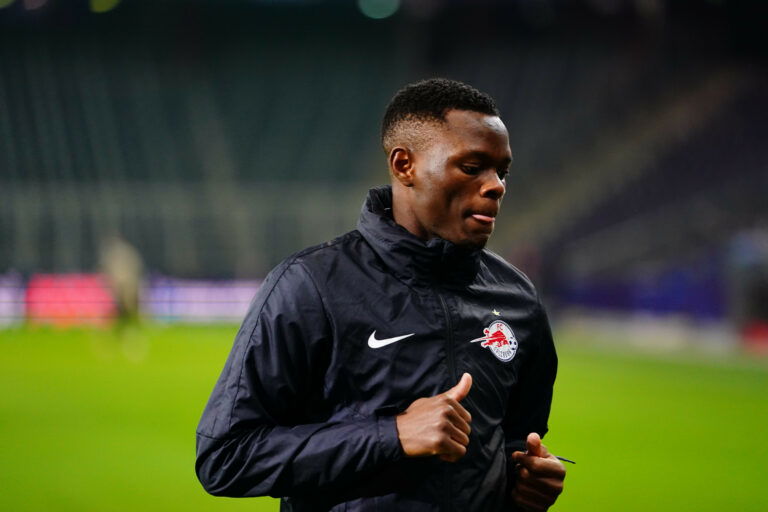 SALZBURG, AUSTRIA - DECEMBER 9: Patson Daka of Salzburg warming up before the UEFA Champions League Group A match between RB Salzburg and Atletico Madrid at Red Bull Arena on December 9, 2020 in Salzburg, Austria.