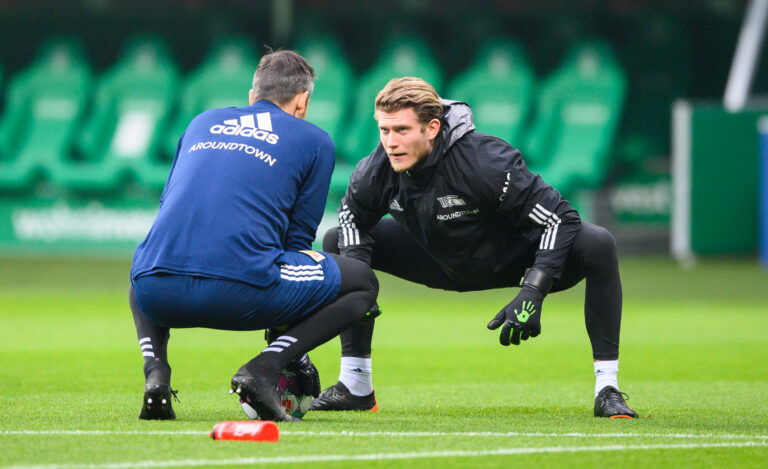 BREMEN, GERMANY - JANUARY 02: goalkeeper coach Michael Gspurning and Loris Karius of 1 FC Union Berlin before the game between Werder Bremen and the 1 FC Union Berlin at the Weser-Stadium on January 2, 2021 in Bremen, Germany.