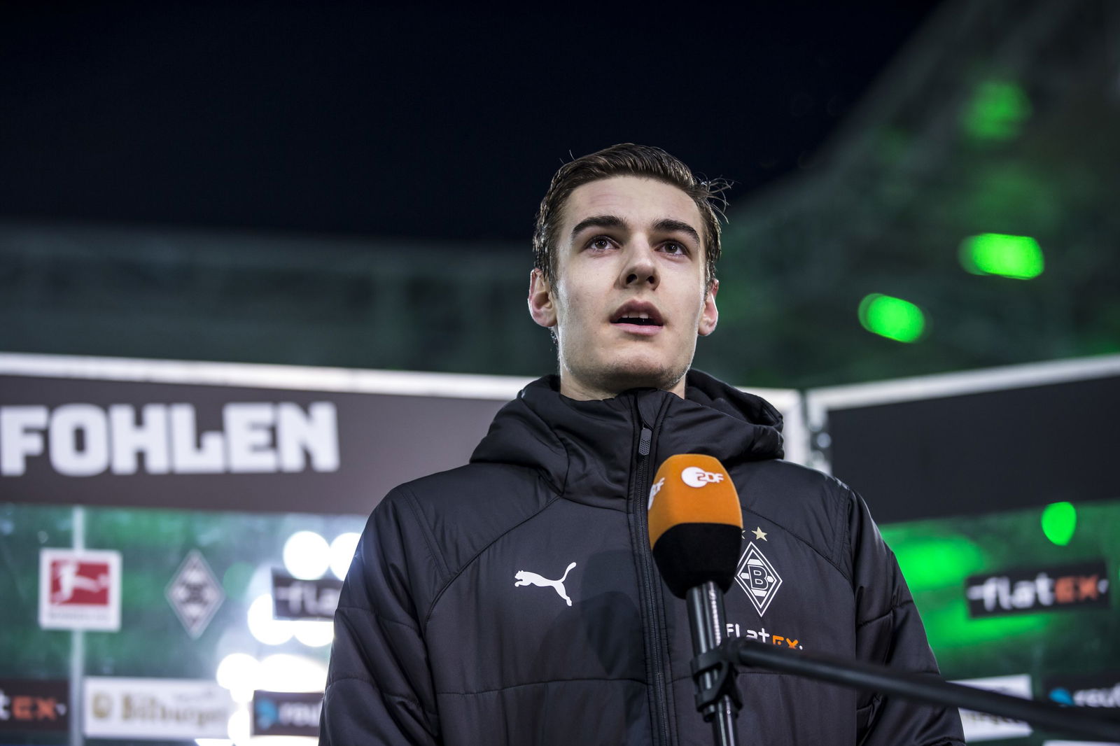 MOENCHENGLADBACH, GERMANY - JANUARY 22: Florian Neuhaus of Borussia Moenchengladbach talks to the media after the Bundesliga match between Borussia Moenchengladbach and Borussia Dortmund at Borussia-Park on January 22, 2021 in Moenchengladbach, Germany.