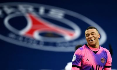 Paris Saint-Germain's French forward Kylian Mbappe reacts during the French L1 football match between Paris Saint-Germain (PSG) and Nice (OGCN) at the Parc des Princes stadium in Paris, on February 13, 2021.