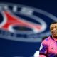 Paris Saint-Germain's French forward Kylian Mbappe reacts during the French L1 football match between Paris Saint-Germain (PSG) and Nice (OGCN) at the Parc des Princes stadium in Paris, on February 13, 2021.