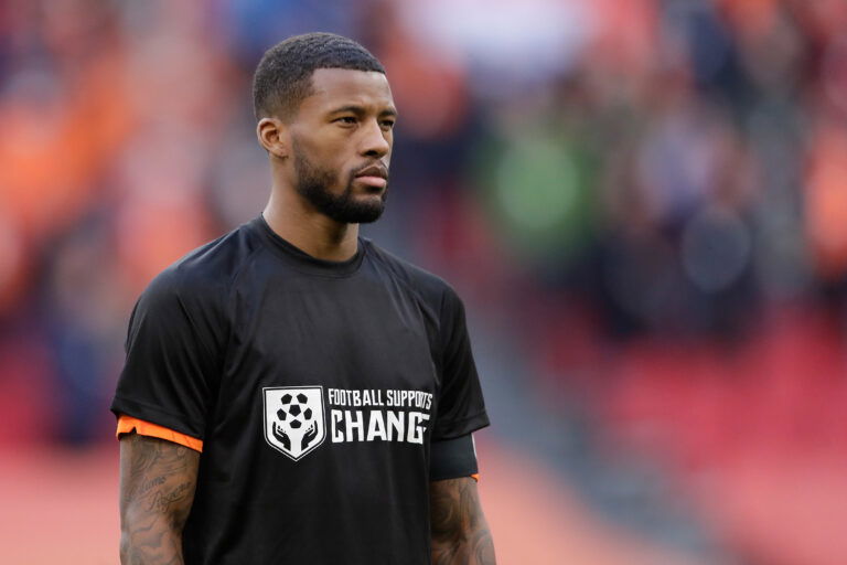 AMSTERDAM, NETHERLANDS - MARCH 27: Georginio Wijnaldum of Holland wears a special shirt to make a statement for human rights in Qatar during the World Cup Qualifier match between Holland v Latvia at the Johan Cruijff Arena on March 27, 2021 in Amsterdam Netherlands.