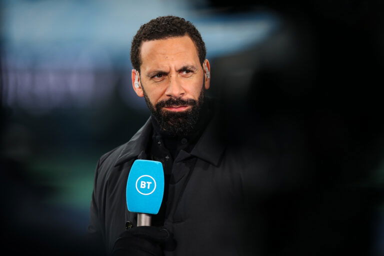 MANCHESTER, ENGLAND - APRIL 10: Rio Ferdinand reporting for BT Sport ahead of the Premier League match between Manchester City and Leeds United at Etihad Stadium on April 10, 2021 in Manchester, United Kingdom.