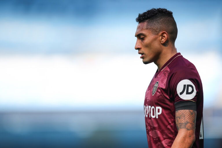MANCHESTER, ENGLAND - APRIL 10: Raphinha of Leeds United during the Premier League match between Manchester City and Leeds United at Etihad Stadium on April 10, 2021 in Manchester, United Kingdom.