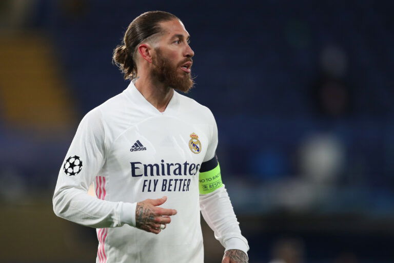 LONDON, ENGLAND - MAY 05: Sergio Ramos of Real Madrid during the UEFA Champions League Semi Final Second Leg match between Chelsea and Real Madrid at Stamford Bridge on May 5, 2021 in London, United Kingdom.