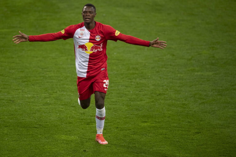 SALZBURG, AUSTRIA - MAY 12: Patson Daka of Red Bull Salzburg celebrates after scoring on a goal during the tipico Bundesliga match between RB Salzburg and Rapid Wien at Red Bull Arena on May 12, 2021 in Salzburg, Austria.