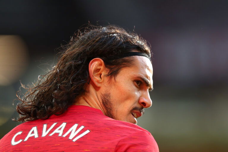 MANCHESTER, ENGLAND - MAY 18: Edinson Cavani of Manchester United during the Premier League match between Manchester United and Fulham at Old Trafford on May 18, 2021 in Manchester, United Kingdom. (Photo by Robbie Jay Barratt - AMA/Getty Images)