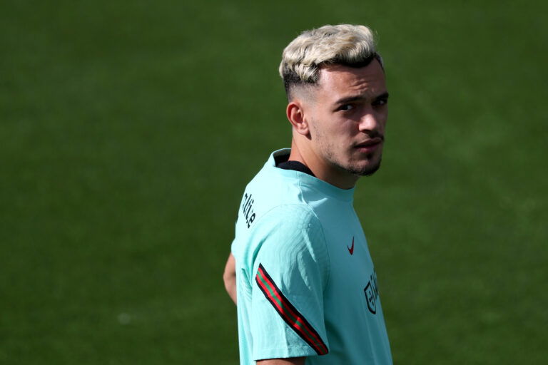 Portugal's Pedro Goncalves in action during a training session at Cidade do Futebol training camp in Oeiras, Portugal, on May 27, 2021. Portugal's football team started on Thursday the preparation for the UEFA EURO 2020 with two weeks to go before they have a chance to defend their European Championship title.