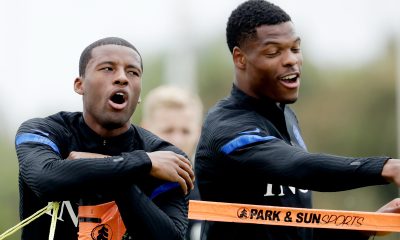 LAGOS, PORTUGAL - MAY 31: Georginio Wijnaldum of Holland, Denzel Dumfries of Holland during the Training MenTraining holland in Lagos at the Cascade Resort Training Ground on May 31, 2021 in Lagos Portugal.