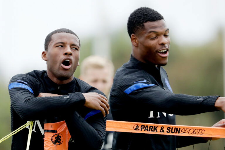 LAGOS, PORTUGAL - MAY 31: Georginio Wijnaldum of Holland, Denzel Dumfries of Holland during the Training MenTraining holland in Lagos at the Cascade Resort Training Ground on May 31, 2021 in Lagos Portugal.