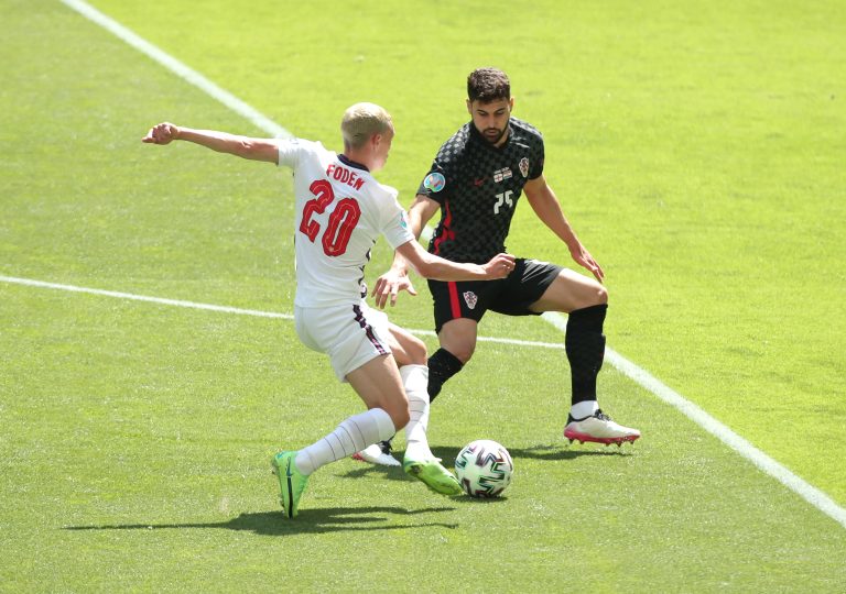 LONDON, ENGLAND - JUNE 13: Phil Foden of England in action against Josko Gvardiol of Croatia during the UEFA Euro 2020 Championship Group D match between England and Croatia on June 13, 2021 in London, United Kingdom.