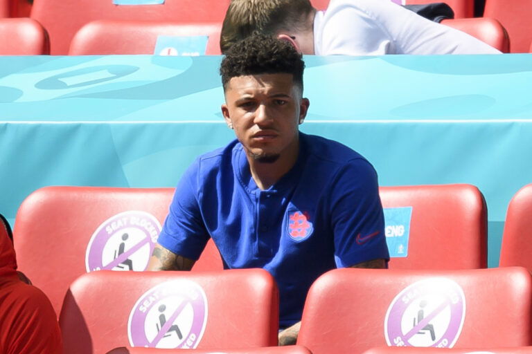 LONDON, ENGLAND - JUNE 13: (BILD ZEITUNG OUT) Jadon Sancho of England looks on during the UEFA Euro 2020 Championship Group D match between England and Croatia at Wembley Stadium on June 13, 2021 in London, United Kingdom.