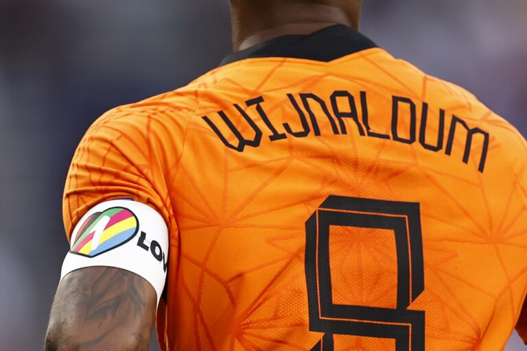 BUDAPEST - Georginio Wijnaldum of Holland with #OneLove captaincy during the UEFA EURO 2020 match between the Netherlands and the Czech Republic at Puskas Arena on June 27, 2021 in Budapest, Hungary.